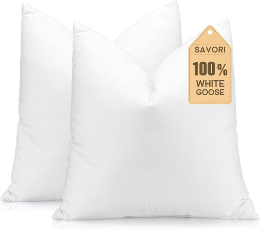 SAVORI Set of 2 Down and Feather Throw Pillow Inserts 22x22 Soft Fluffy Pillow Inserts with 100% Down-Proof Cotton Cover, Decorative Square Cushion Inner for Sofa Couch Bed-White