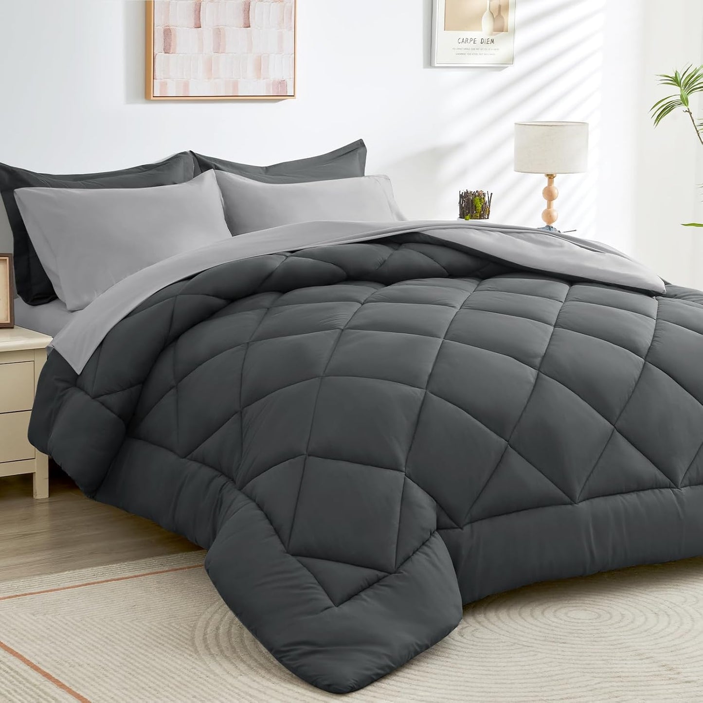 HEVUMYI Red & Black Queen Comforter Set - 7-Piece All Season Burgundy Bed in a Bag Queen, Ultra Soft Bedding Set with Comforter, Flat Sheet, Fitted Sheet, Pillowcases, Pillow Shams, Burgundy