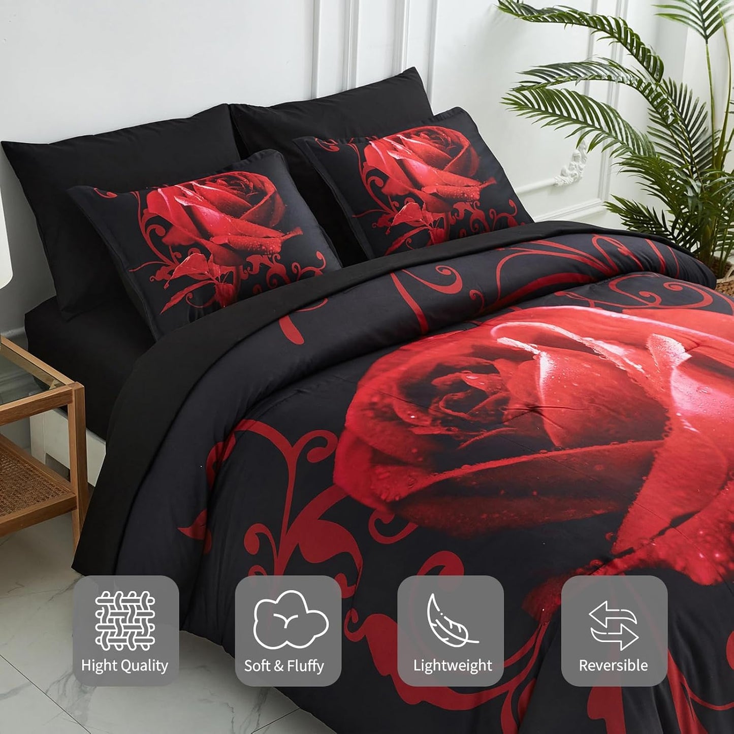 Red Comforter Set Queen 7 Piece Bed in a Bag Red Rose Flower Comforter with Sheet Set Soft Micorfiber Reversible Bedding Set (1 Comforter,2 Pillow Shams,1 Flat Sheet,1 Fitted Sheet,2 Pillowcases)