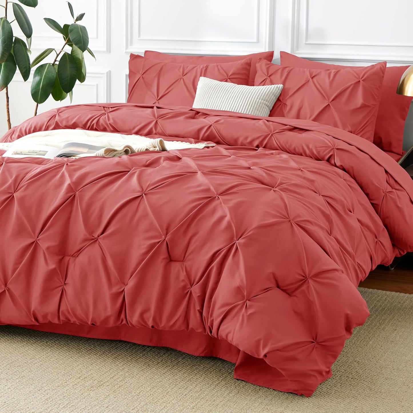 CozyLux Queen Comforter Set Dark Red, 7 Pieces Pintuck Bed in A Bag, Premium Red Comforter Queen Size, Pinch Pleat Bedding Sets with Comforter, Sheets, Pillowcases & Shams