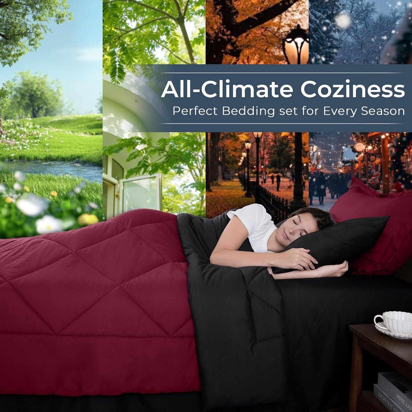 HEVUMYI Red & Black Queen Comforter Set - 7-Piece All Season Burgundy Bed in a Bag Queen, Ultra Soft Bedding Set with Comforter, Flat Sheet, Fitted Sheet, Pillowcases, Pillow Shams, Burgundy