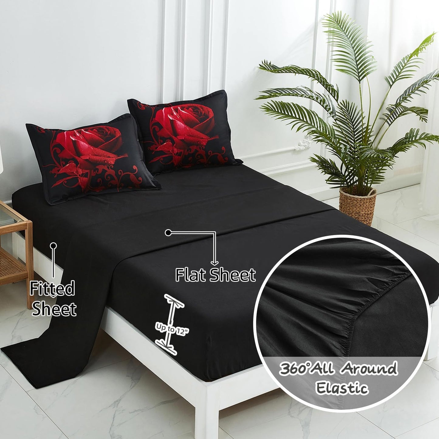 Red Comforter Set Queen 7 Piece Bed in a Bag Red Rose Flower Comforter with Sheet Set Soft Micorfiber Reversible Bedding Set (1 Comforter,2 Pillow Shams,1 Flat Sheet,1 Fitted Sheet,2 Pillowcases)