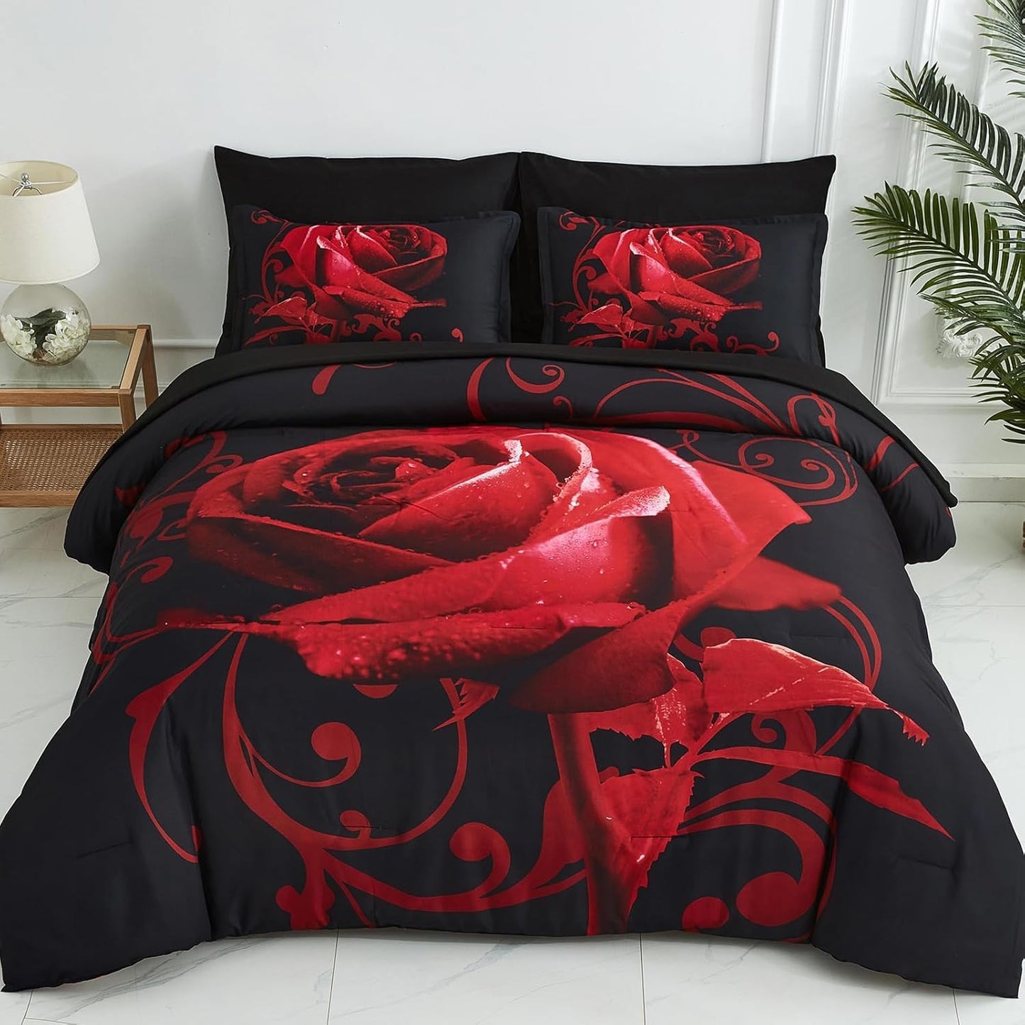 Red Comforter Set Queen 7 Piece Bed in a Bag Red Rose Flower Comforter with Sheet Set Soft Micorfiber Reversible Bedding Set (1 Comforter,2 Pillow Shams,1 Flat Sheet,1 Fitted Sheet,2 Pillowcases)