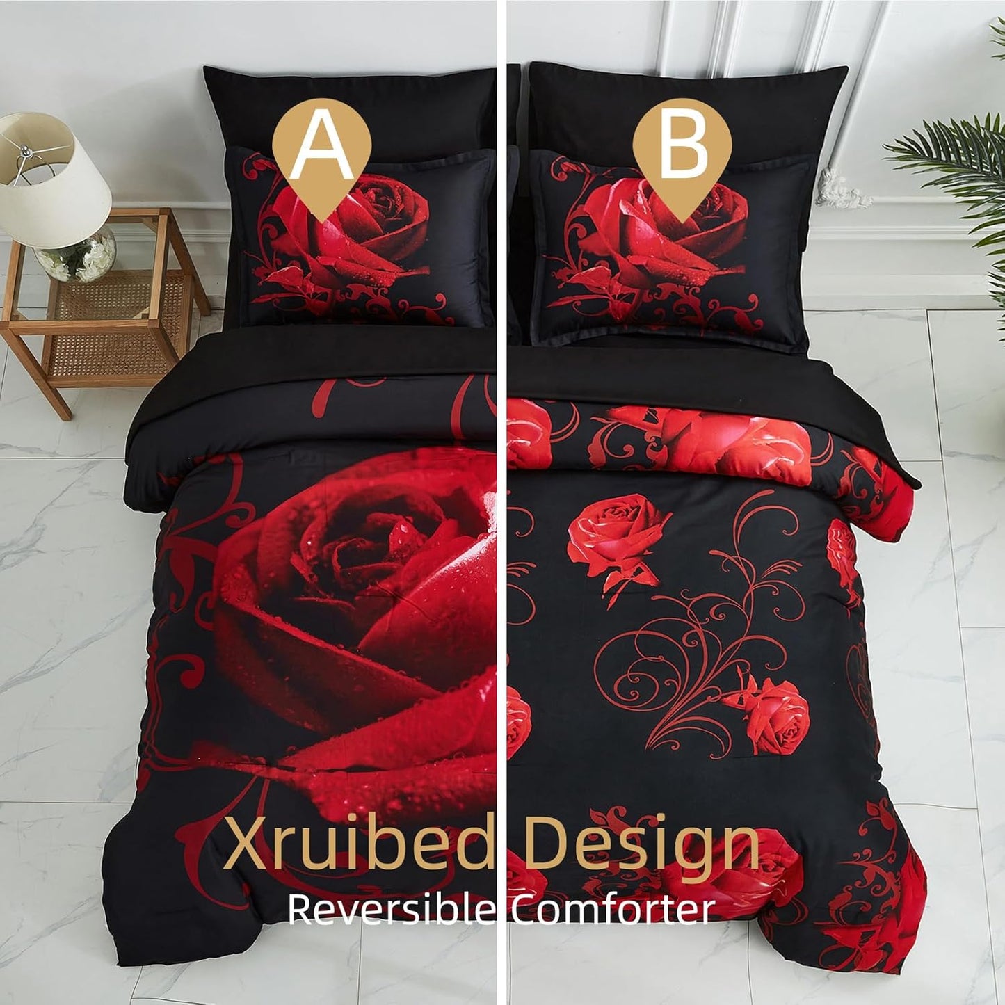 Red Comforter Set Queen 7 Piece Bed in a Bag Red Rose Flower Comforter with Sheet Set Soft Micorfiber Reversible Bedding Set (1 Comforter,2 Pillow Shams,1 Flat Sheet,1 Fitted Sheet,2 Pillowcases)