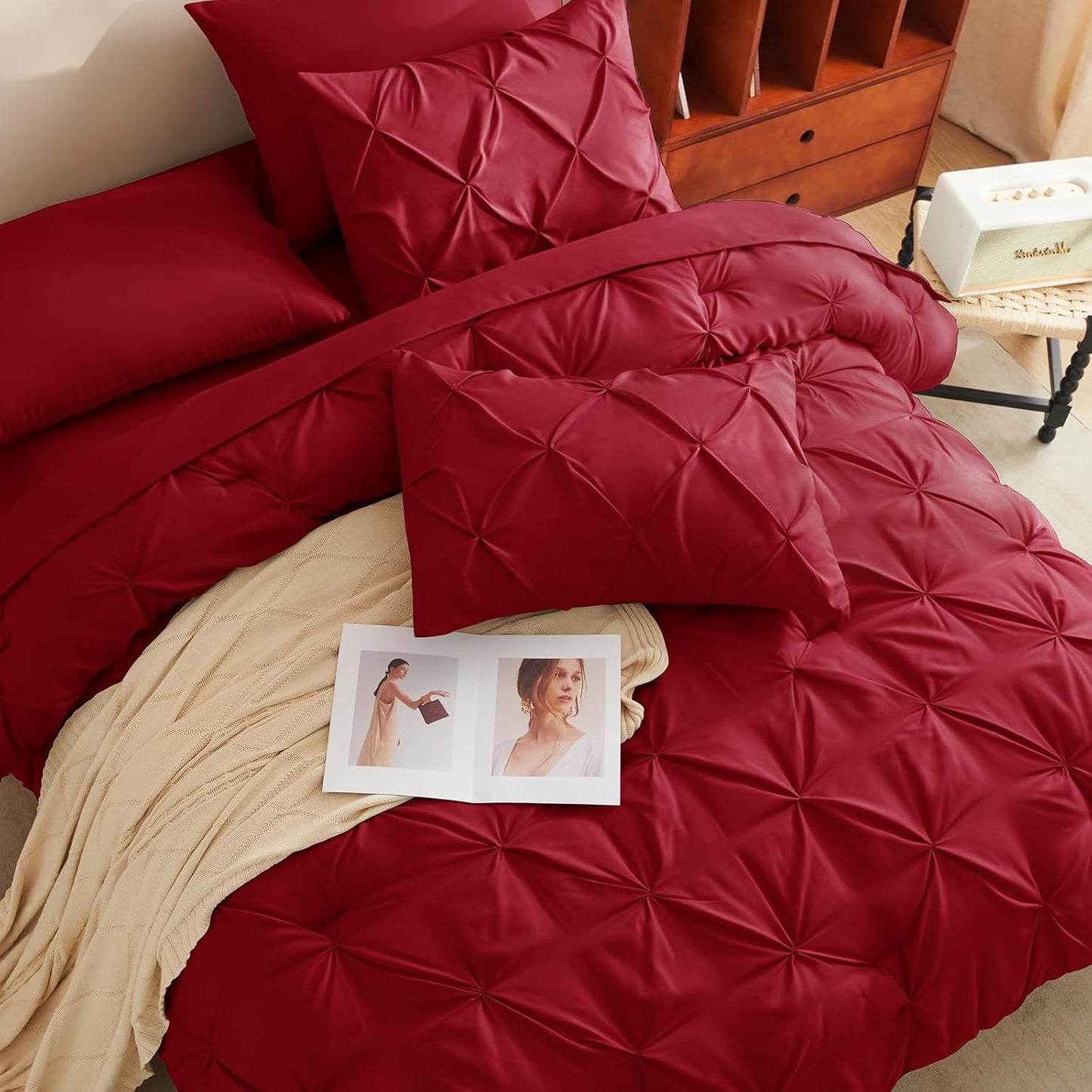 CozyLux Queen Comforter Set Dark Red, 7 Pieces Pintuck Bed in A Bag, Premium Red Comforter Queen Size, Pinch Pleat Bedding Sets with Comforter, Sheets, Pillowcases & Shams