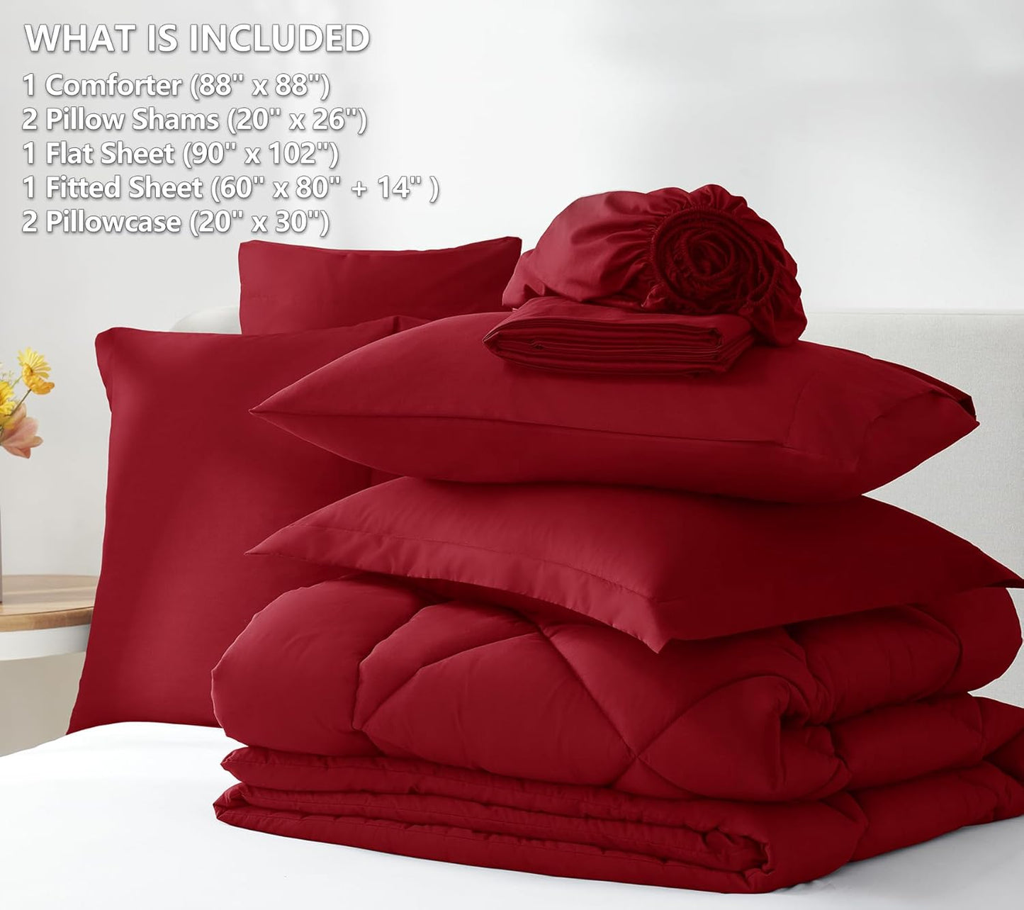 CozyLux Queen Comforter Set Dark Red - Bed in a Bag Queen Size 7 Pieces, Luxury Soft Bed Set for All Seasons, Bedding Set with Down Alternative Comforter, Sheets, Pillowcases & Shams