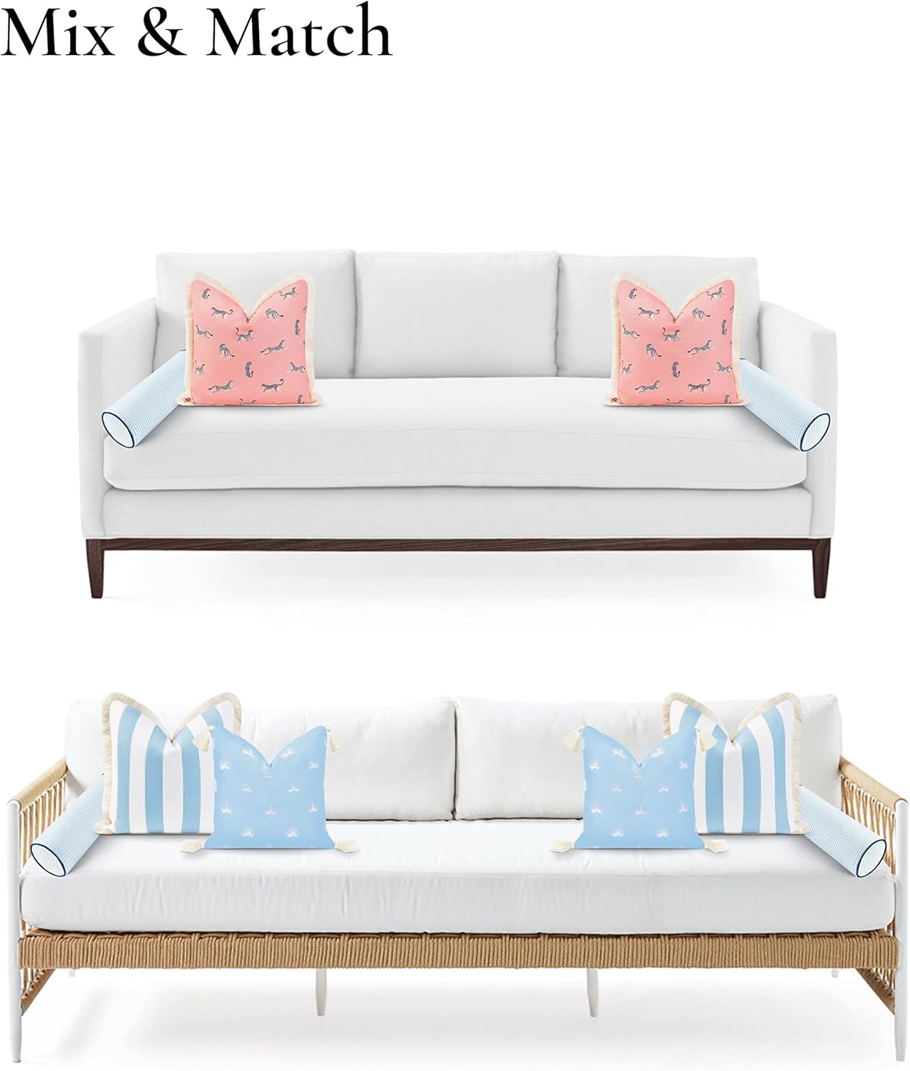 Hofdeco Premium Coastal Hampton Style Patio Indoor Outdoor Bolster Pillow Cover Only, 6"x20" Water Resistant for Backyard, Couch, Blue Stripe