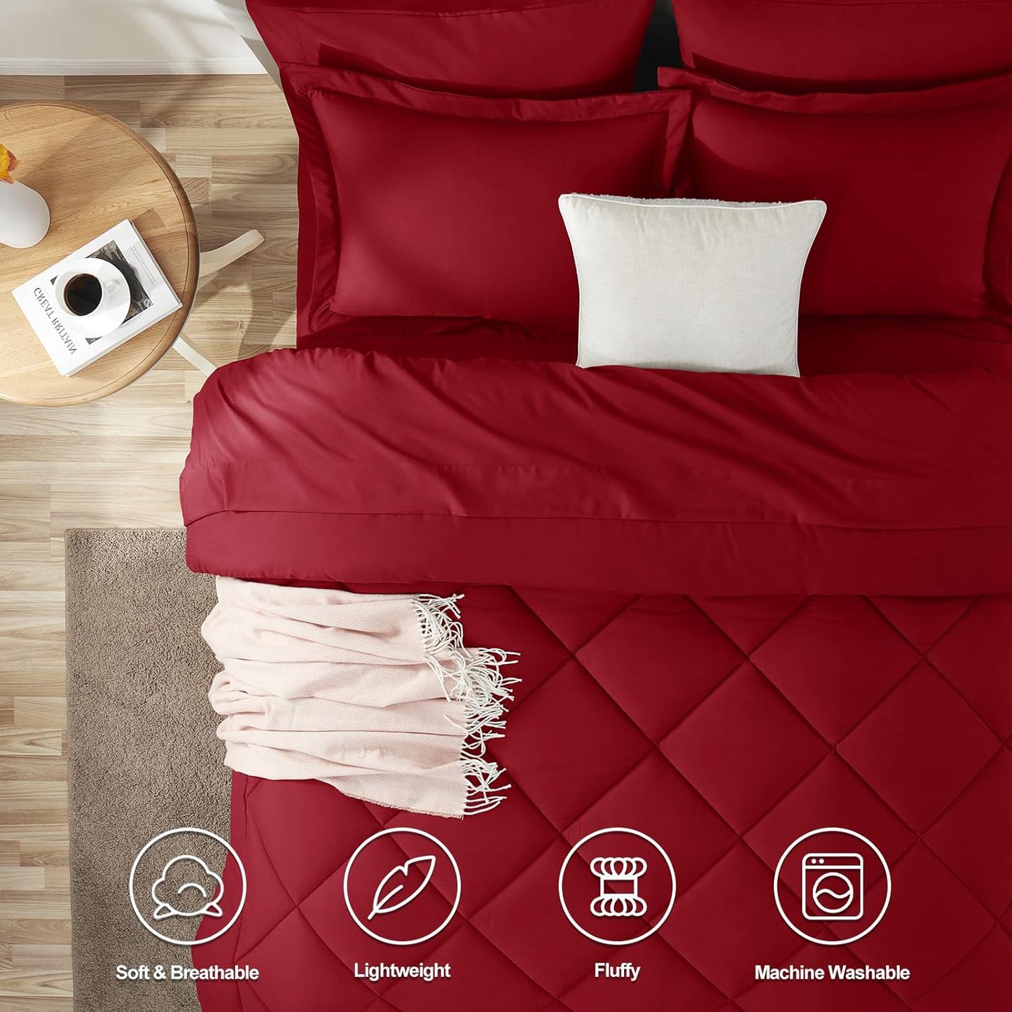 CozyLux Queen Comforter Set Dark Red - Bed in a Bag Queen Size 7 Pieces, Luxury Soft Bed Set for All Seasons, Bedding Set with Down Alternative Comforter, Sheets, Pillowcases & Shams