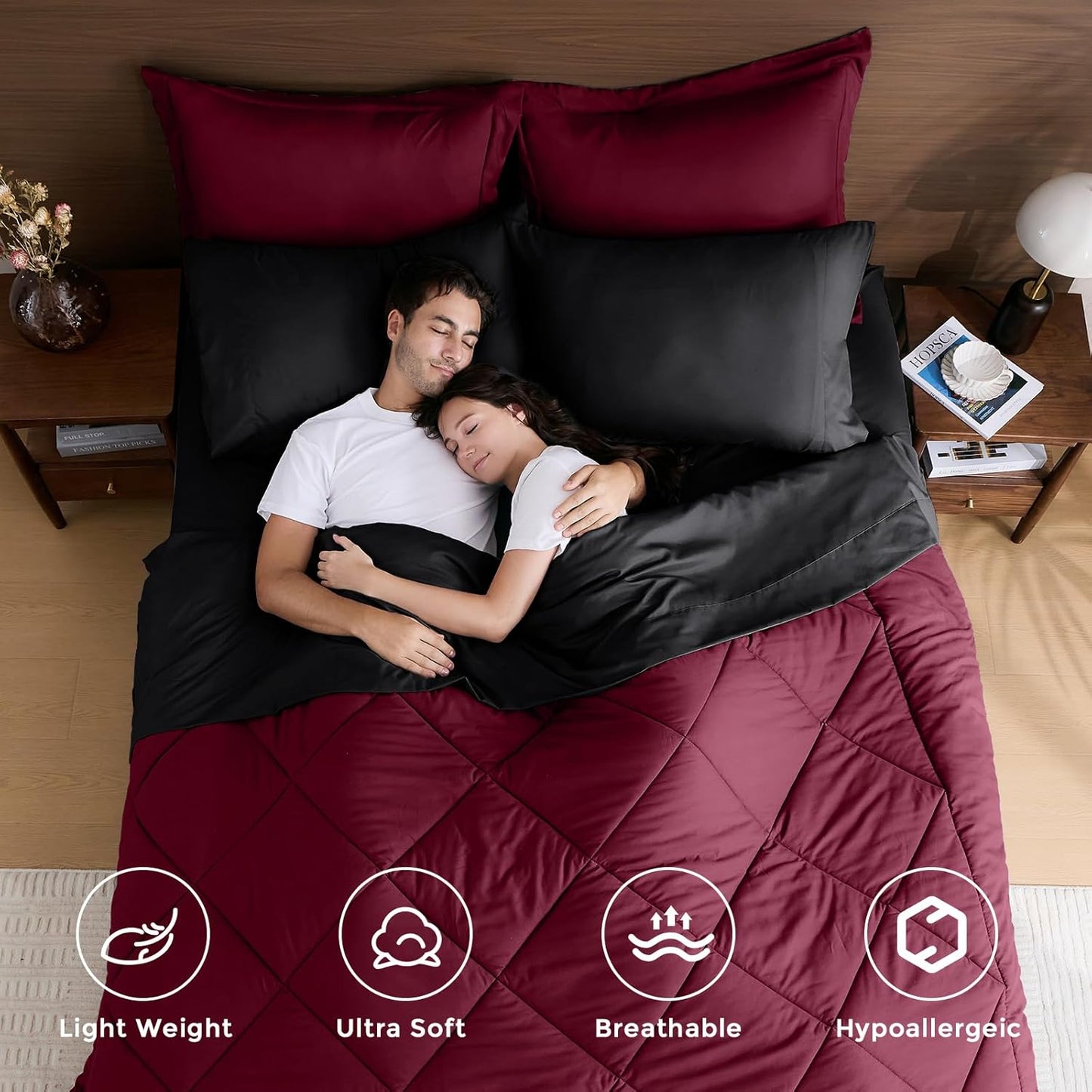 HEVUMYI Red & Black Queen Comforter Set - 7-Piece All Season Burgundy Bed in a Bag Queen, Ultra Soft Bedding Set with Comforter, Flat Sheet, Fitted Sheet, Pillowcases, Pillow Shams, Burgundy