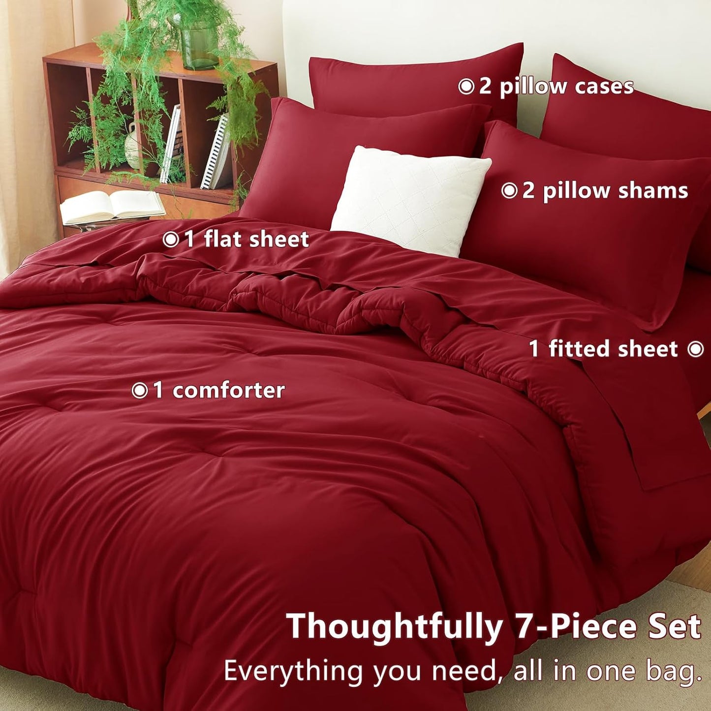 CozyLux King Size Comforter Set Dark Red, 7 Pieces Bed in a Bag King Comforter Set with Sheets, Bedding Set with Down Alternative Comforter, Fitted Sheets, Flat Sheets, Pillow Shams and Pillowcases