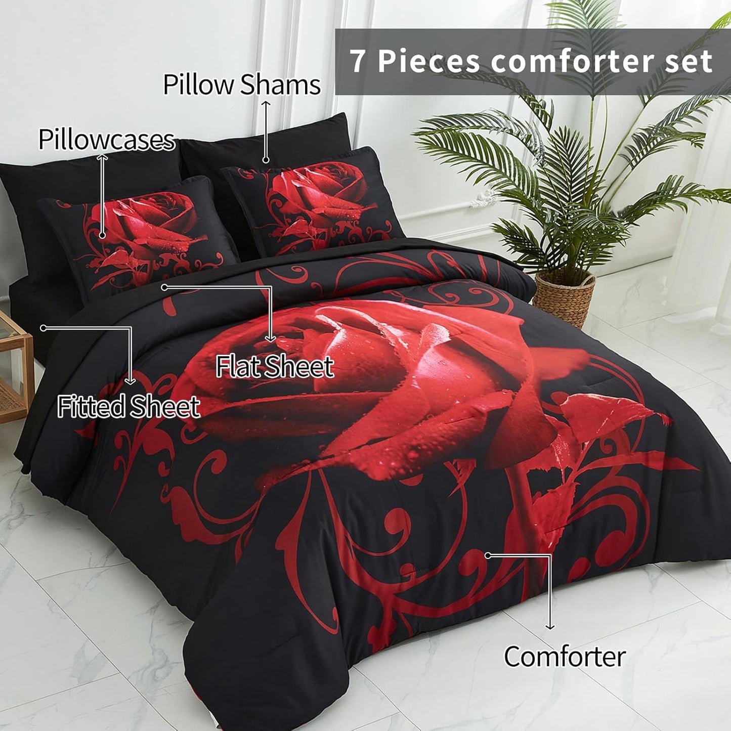 Red Comforter Set Queen 7 Piece Bed in a Bag Red Rose Flower Comforter with Sheet Set Soft Micorfiber Reversible Bedding Set (1 Comforter,2 Pillow Shams,1 Flat Sheet,1 Fitted Sheet,2 Pillowcases)