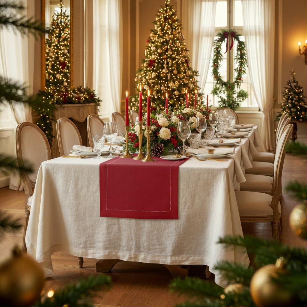 D'Moksha Homes Linen Red Table Runner 132 Inches Long - 100% Pure Linen Extra Long Table Runner 14 x 132 Inch for Fall, Thanksgiving, Christmas, Holiday - Classic Hemstitch
