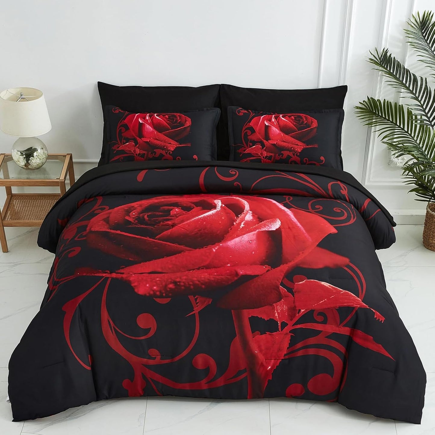 Red Comforter Set Queen 7 Piece Bed in a Bag Red Rose Flower Comforter with Sheet Set Soft Micorfiber Reversible Bedding Set (1 Comforter,2 Pillow Shams,1 Flat Sheet,1 Fitted Sheet,2 Pillowcases)