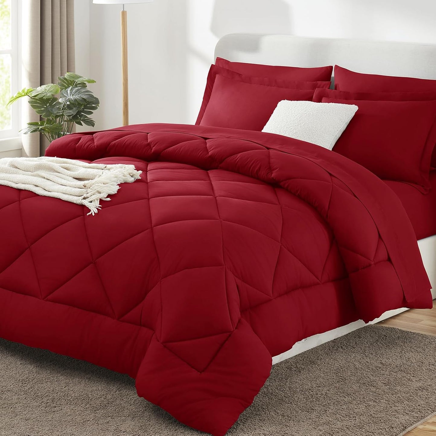 CozyLux Queen Comforter Set Dark Red - Bed in a Bag Queen Size 7 Pieces, Luxury Soft Bed Set for All Seasons, Bedding Set with Down Alternative Comforter, Sheets, Pillowcases & Shams
