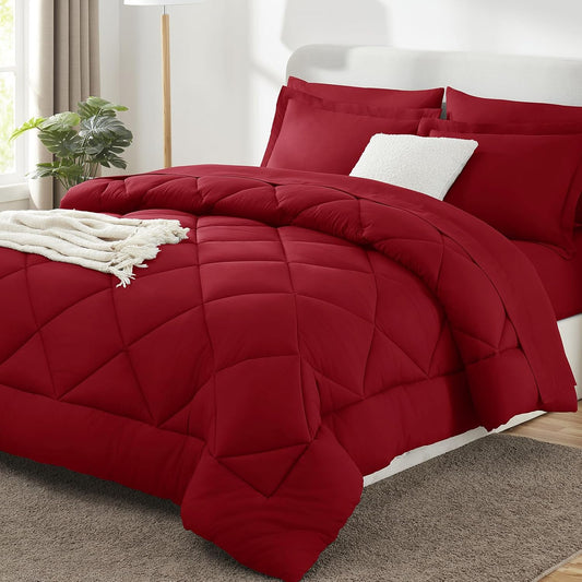 CozyLux Queen Comforter Set Dark Red - Bed in a Bag Queen Size 7 Pieces, Luxury Soft Bed Set for All Seasons, Bedding Set with Down Alternative Comforter, Sheets, Pillowcases & Shams