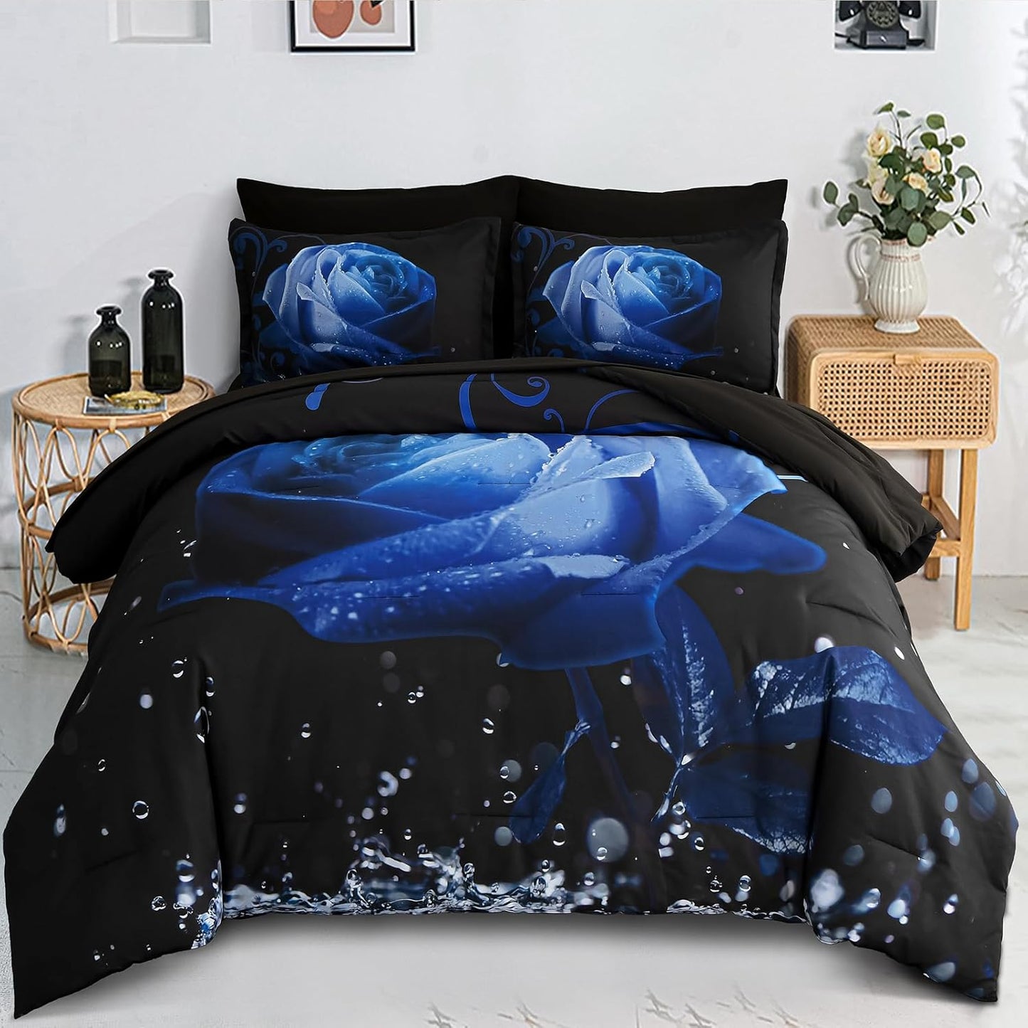 Red Comforter Set Queen 7 Piece Bed in a Bag Red Rose Flower Comforter with Sheet Set Soft Micorfiber Reversible Bedding Set (1 Comforter,2 Pillow Shams,1 Flat Sheet,1 Fitted Sheet,2 Pillowcases)