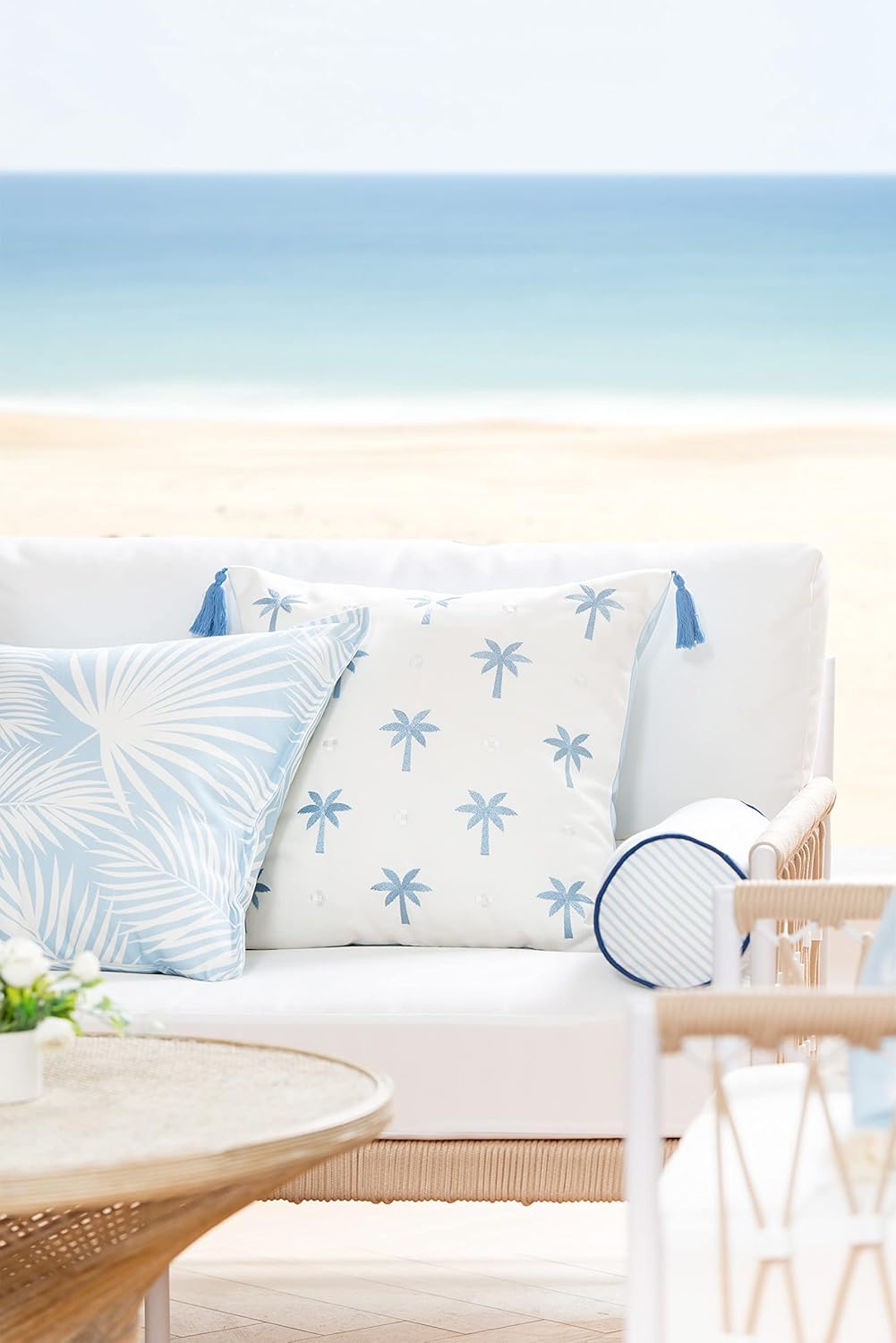 Hofdeco Premium Coastal Hampton Style Patio Indoor Outdoor Bolster Pillow Cover Only, 6"x20" Water Resistant for Backyard, Couch, Blue Stripe