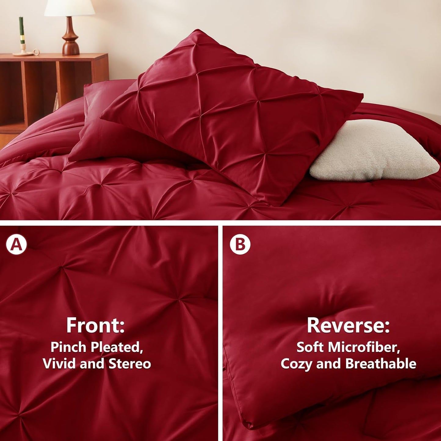 CozyLux Queen Comforter Set Dark Red, 7 Pieces Pintuck Bed in A Bag, Premium Red Comforter Queen Size, Pinch Pleat Bedding Sets with Comforter, Sheets, Pillowcases & Shams