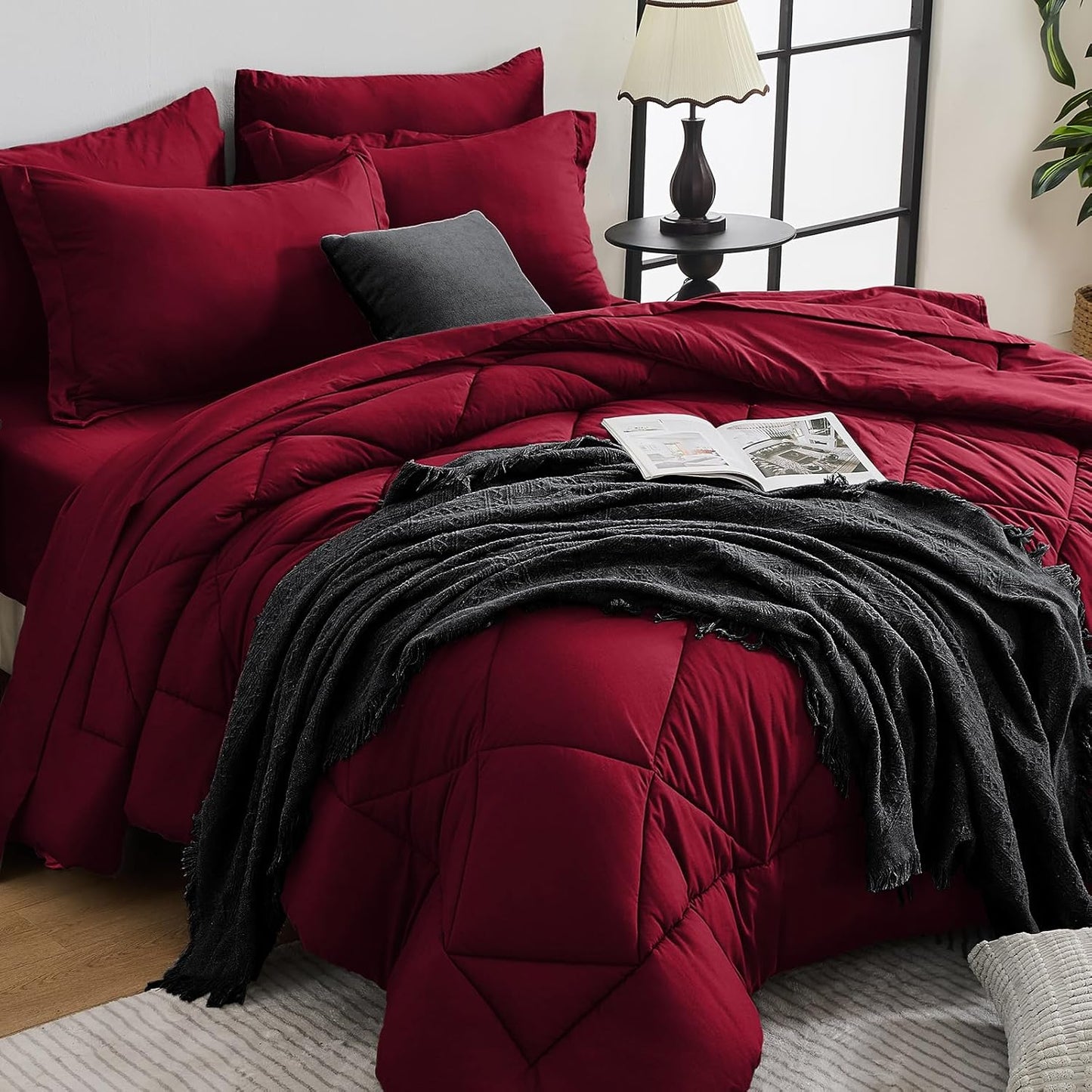 HEVUMYI Red & Black Queen Comforter Set - 7-Piece All Season Burgundy Bed in a Bag Queen, Ultra Soft Bedding Set with Comforter, Flat Sheet, Fitted Sheet, Pillowcases, Pillow Shams, Burgundy