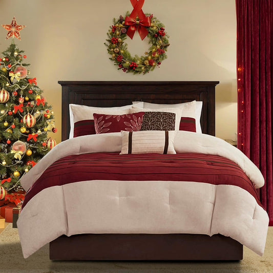 Madison Park Palmer Comforter Set-Luxury Faux Suede Design, Striped Accent, All Season Down Alternative Bedding, Matching Shams, Decorative Pillow, Bed Skirt, King (104 in x 92 in), Red 7 Piece