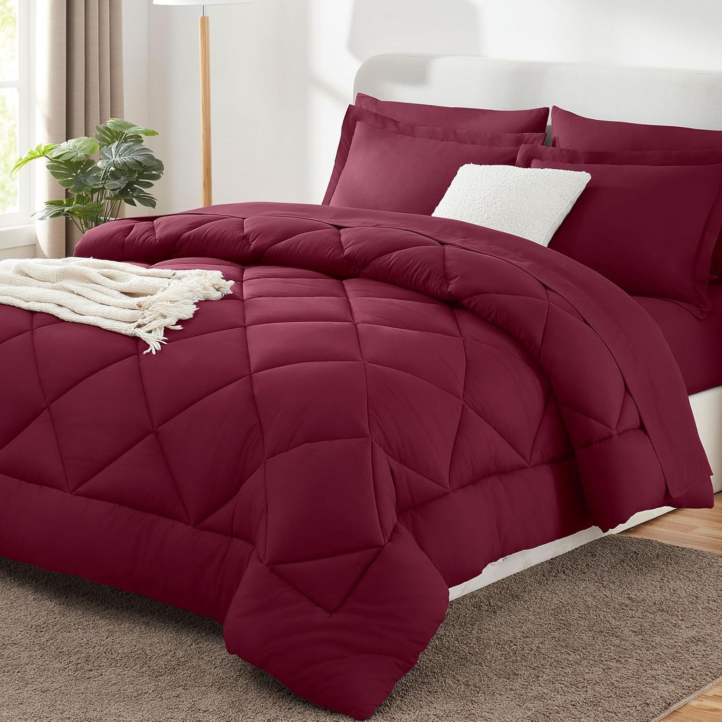 CozyLux Queen Comforter Set Dark Red - Bed in a Bag Queen Size 7 Pieces, Luxury Soft Bed Set for All Seasons, Bedding Set with Down Alternative Comforter, Sheets, Pillowcases & Shams