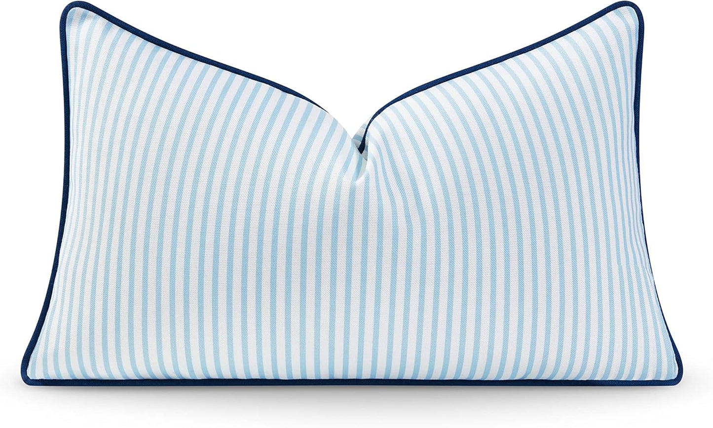 Hofdeco Premium Coastal Hampton Style Patio Indoor Outdoor Bolster Pillow Cover Only, 6"x20" Water Resistant for Backyard, Couch, Blue Stripe