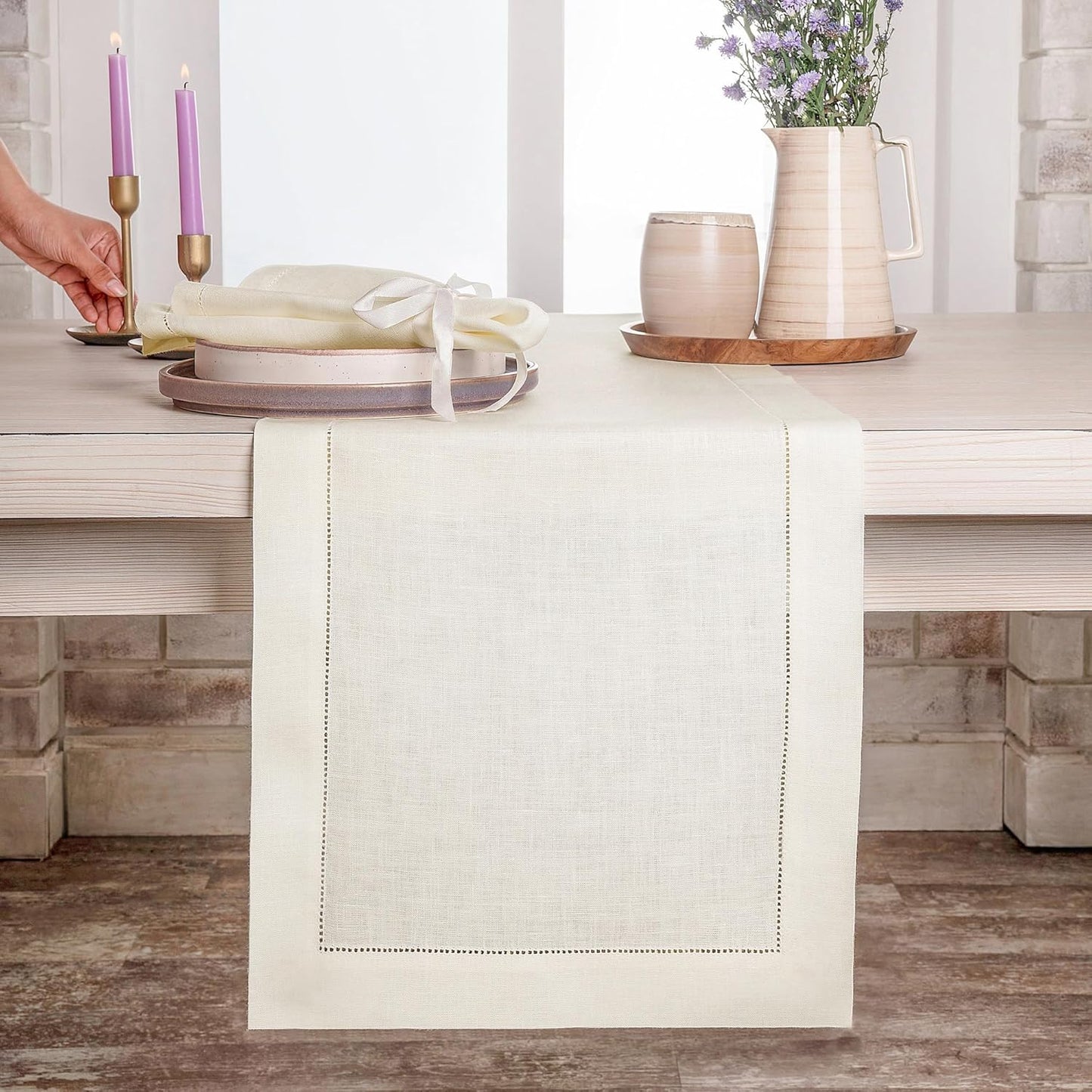 D'Moksha Homes Linen Red Table Runner 132 Inches Long - 100% Pure Linen Extra Long Table Runner 14 x 132 Inch for Fall, Thanksgiving, Christmas, Holiday - Classic Hemstitch