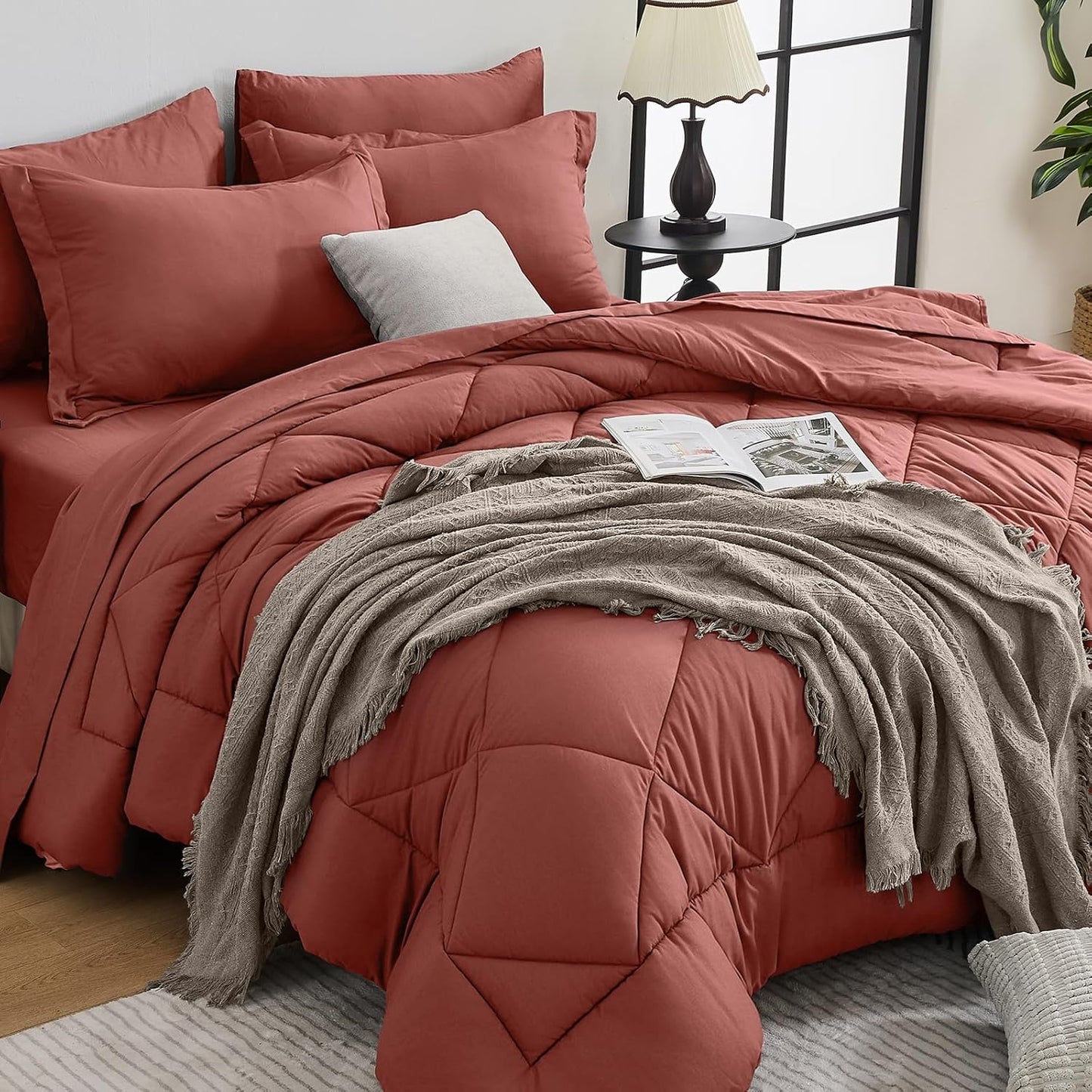 HEVUMYI Red & Black Queen Comforter Set - 7-Piece All Season Burgundy Bed in a Bag Queen, Ultra Soft Bedding Set with Comforter, Flat Sheet, Fitted Sheet, Pillowcases, Pillow Shams, Burgundy