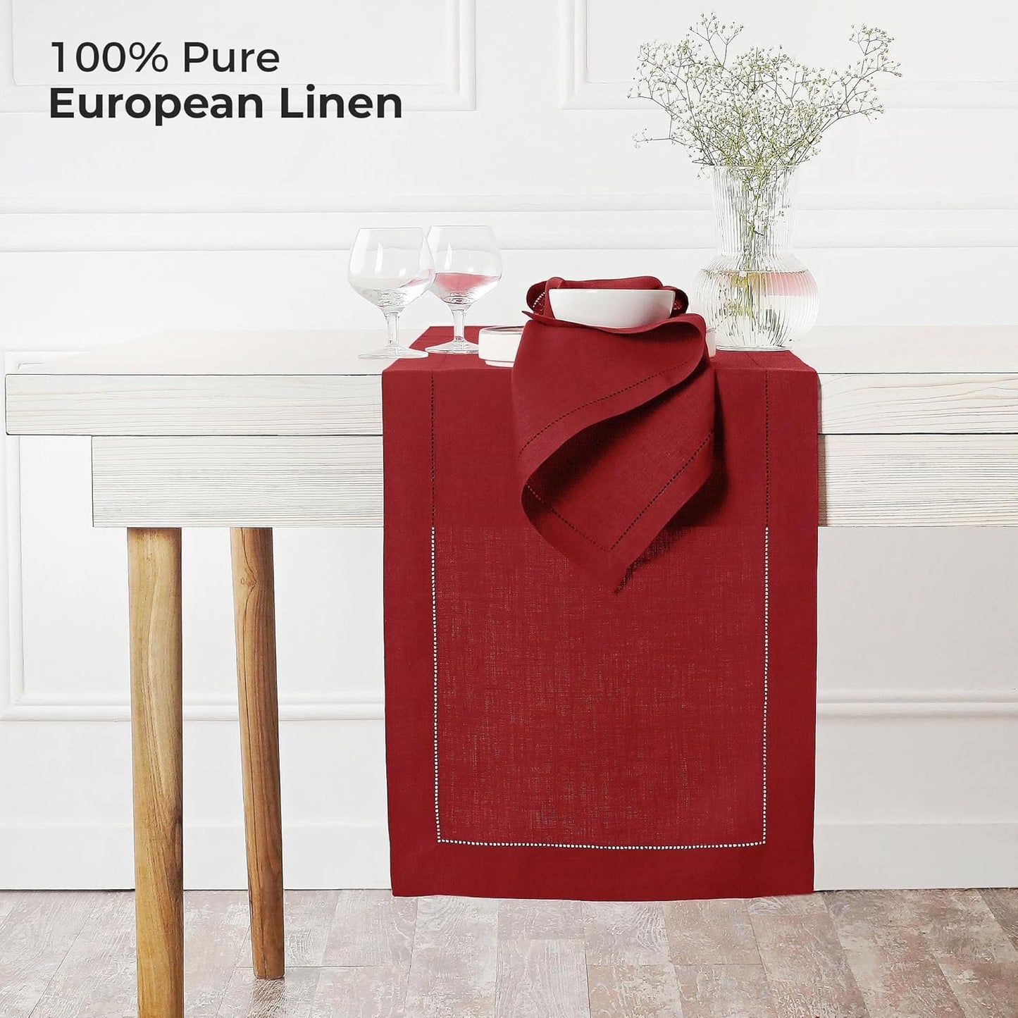 D'Moksha Homes Linen Red Table Runner 132 Inches Long - 100% Pure Linen Extra Long Table Runner 14 x 132 Inch for Fall, Thanksgiving, Christmas, Holiday - Classic Hemstitch