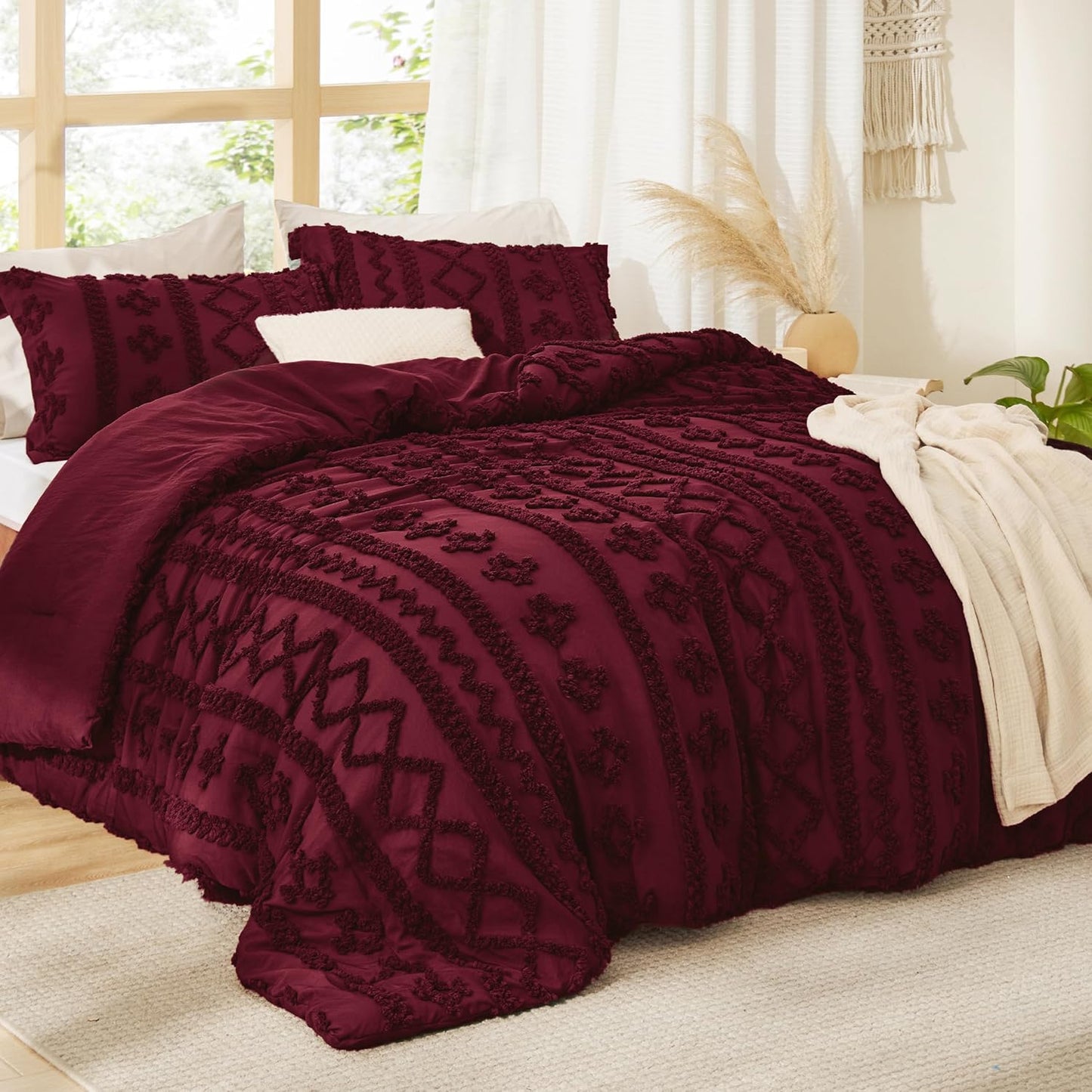 Bedsure Tufted Boho Comforter Set Queen Size - Dark Red Boho Bed Set, GentleSoft™ 3 Pieces Farmhouse Shabby Chic Embroidery Bedding, Gifts for Woman, Soft Jacquard Queen Comforter for All Seasons