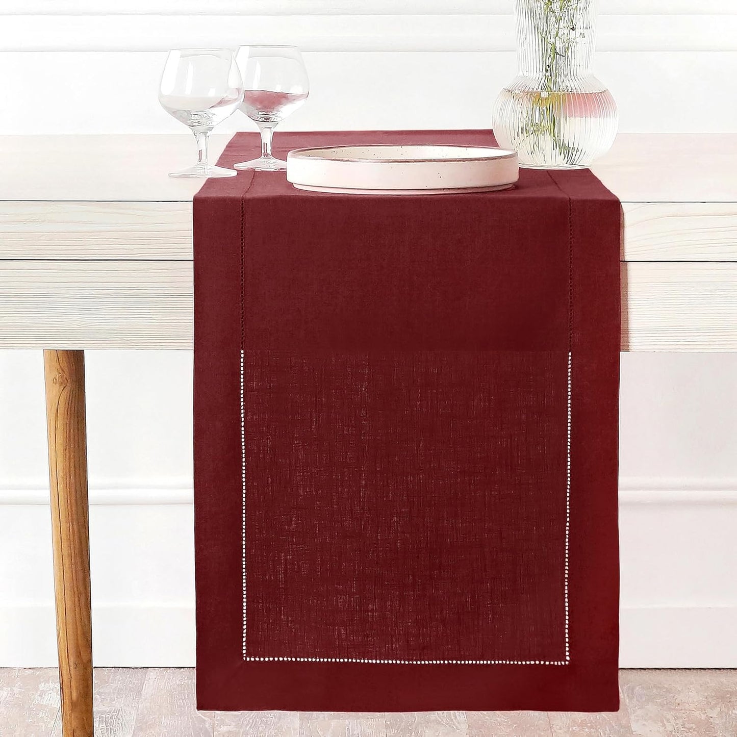 D'Moksha Homes Linen Red Table Runner 132 Inches Long - 100% Pure Linen Extra Long Table Runner 14 x 132 Inch for Fall, Thanksgiving, Christmas, Holiday - Classic Hemstitch