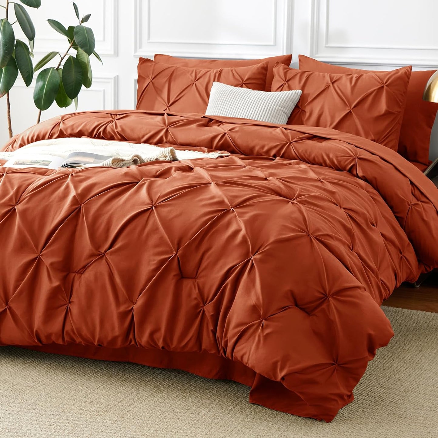CozyLux Queen Comforter Set Dark Red, 7 Pieces Pintuck Bed in A Bag, Premium Red Comforter Queen Size, Pinch Pleat Bedding Sets with Comforter, Sheets, Pillowcases & Shams