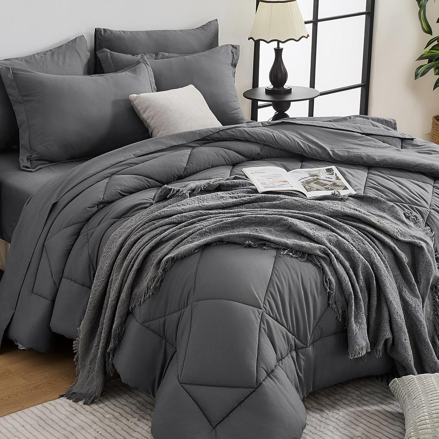 HEVUMYI Red & Black Queen Comforter Set - 7-Piece All Season Burgundy Bed in a Bag Queen, Ultra Soft Bedding Set with Comforter, Flat Sheet, Fitted Sheet, Pillowcases, Pillow Shams, Burgundy