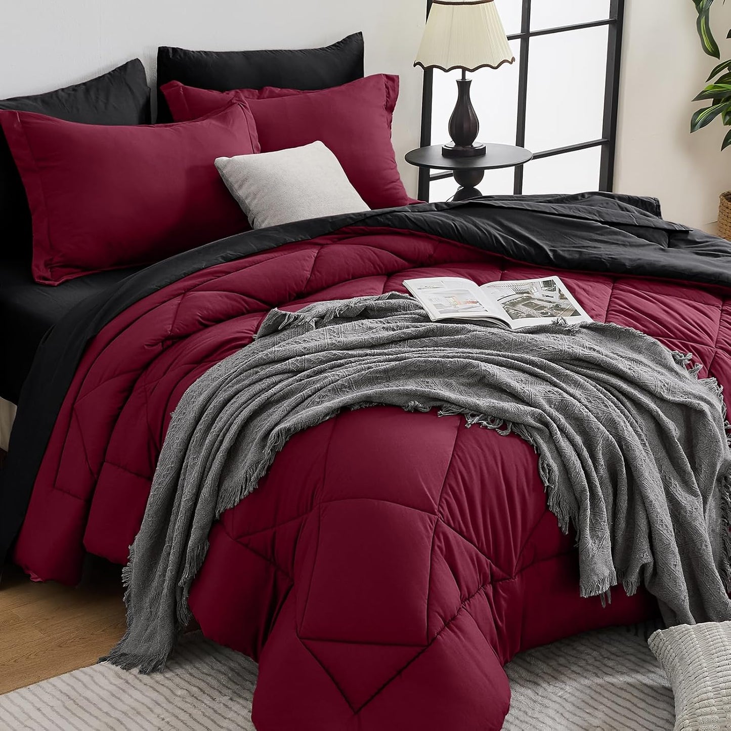 HEVUMYI Red & Black Queen Comforter Set - 7-Piece All Season Burgundy Bed in a Bag Queen, Ultra Soft Bedding Set with Comforter, Flat Sheet, Fitted Sheet, Pillowcases, Pillow Shams, Burgundy