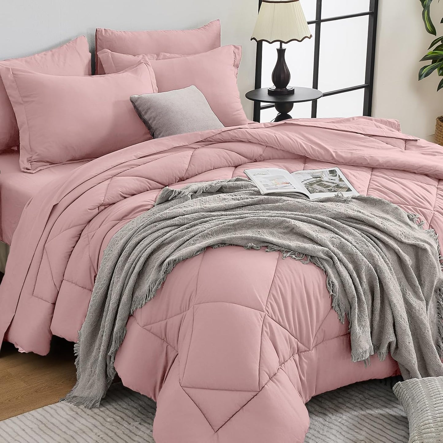 HEVUMYI Red & Black Queen Comforter Set - 7-Piece All Season Burgundy Bed in a Bag Queen, Ultra Soft Bedding Set with Comforter, Flat Sheet, Fitted Sheet, Pillowcases, Pillow Shams, Burgundy