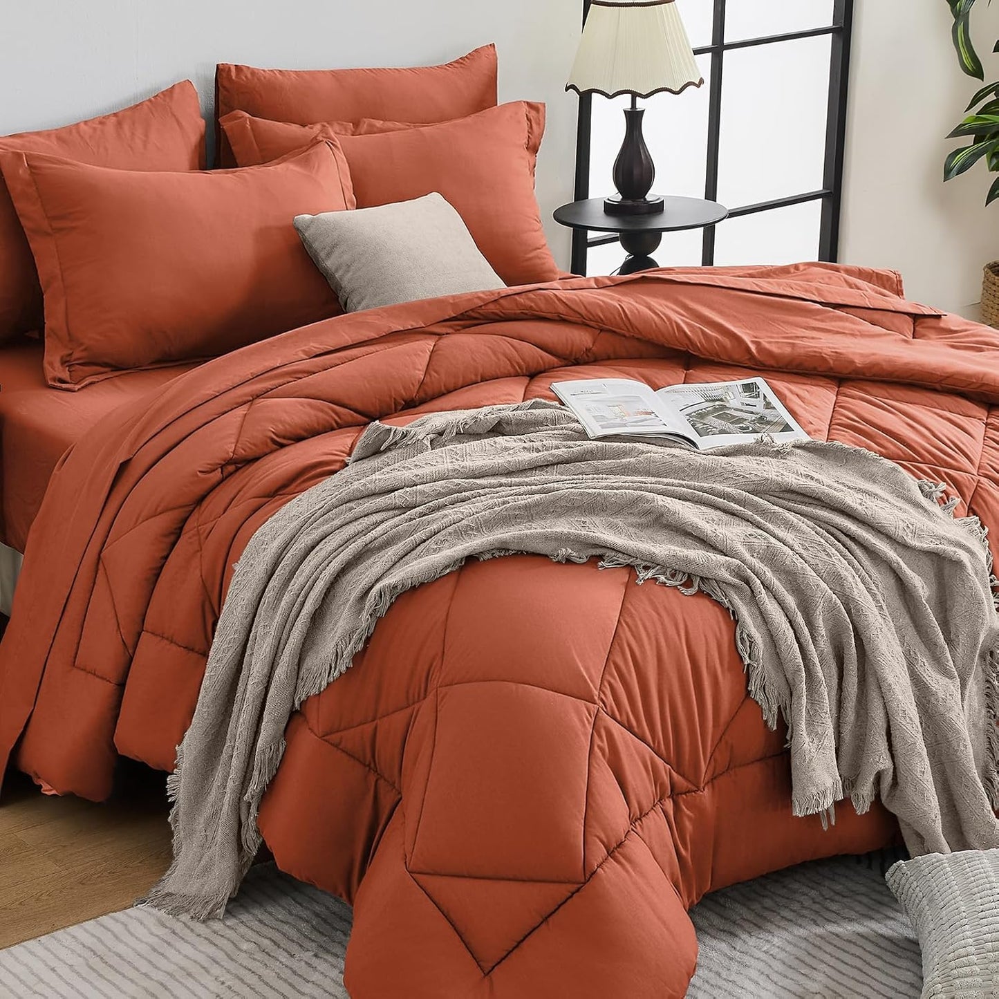 HEVUMYI Red & Black Queen Comforter Set - 7-Piece All Season Burgundy Bed in a Bag Queen, Ultra Soft Bedding Set with Comforter, Flat Sheet, Fitted Sheet, Pillowcases, Pillow Shams, Burgundy
