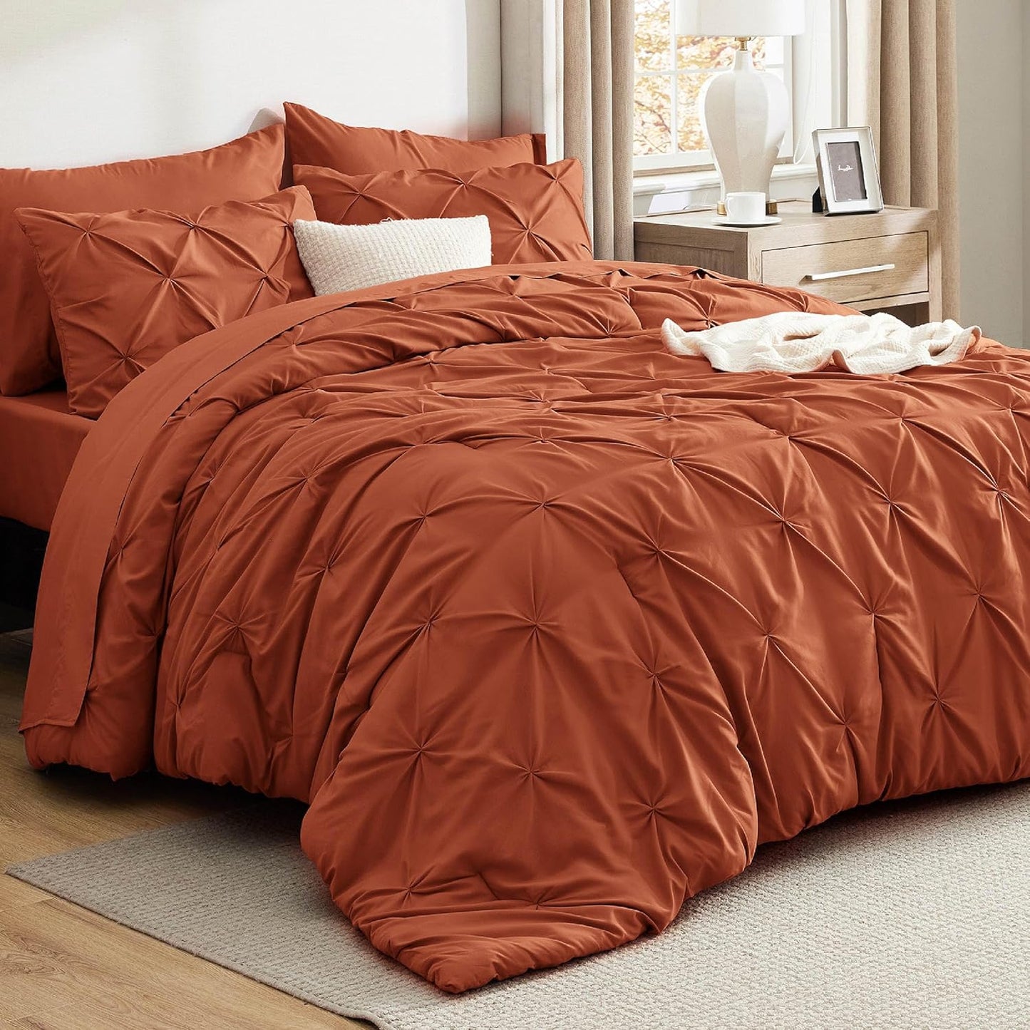 Bedsure Queen Comforter Set Dark Red - Bed in a Bag Queen Size Bedding 7 Pieces, GentleSoft™ Pintuck Bed Set Gift for Family, Pinch Pleat All Season Comforter with Sheets, Pillowcases & Shams