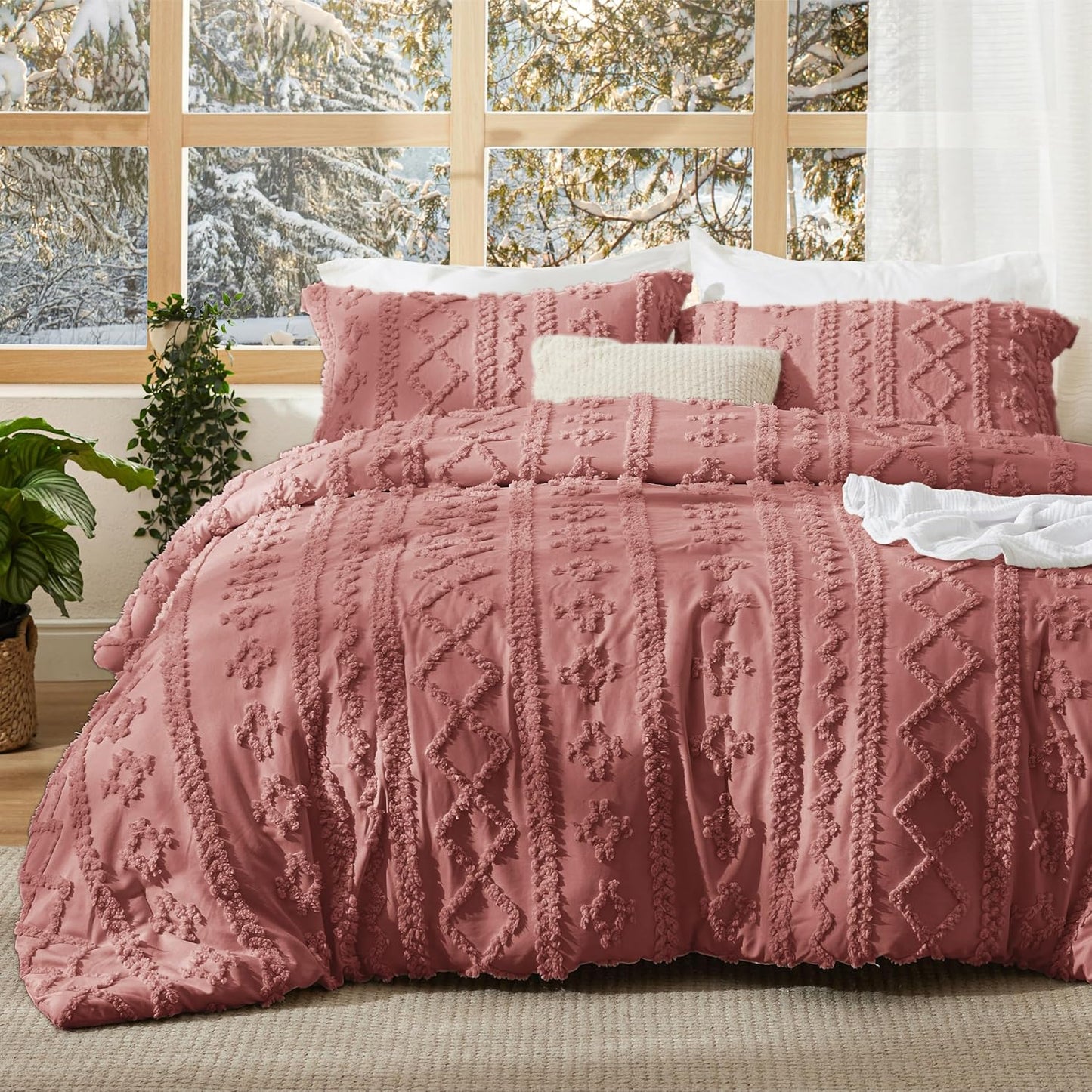 Bedsure Tufted Boho Comforter Set Queen Size - Dark Red Boho Bed Set, GentleSoft™ 3 Pieces Farmhouse Shabby Chic Embroidery Bedding, Gifts for Woman, Soft Jacquard Queen Comforter for All Seasons