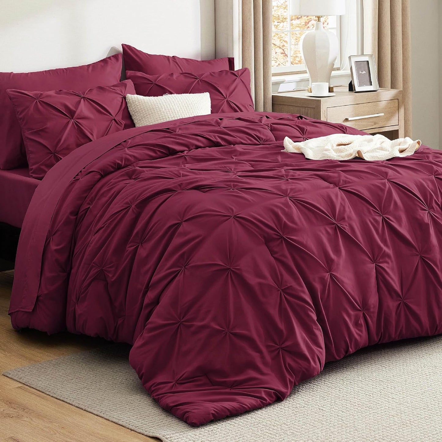 Bedsure Queen Comforter Set Dark Red - Bed in a Bag Queen Size Bedding 7 Pieces, GentleSoft™ Pintuck Bed Set Gift for Family, Pinch Pleat All Season Comforter with Sheets, Pillowcases & Shams