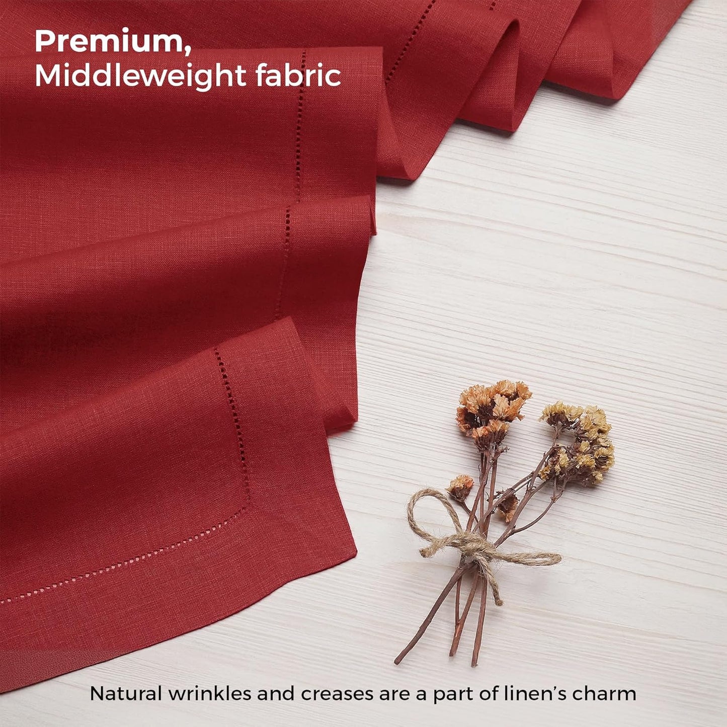 D'Moksha Homes Linen Red Table Runner 132 Inches Long - 100% Pure Linen Extra Long Table Runner 14 x 132 Inch for Fall, Thanksgiving, Christmas, Holiday - Classic Hemstitch