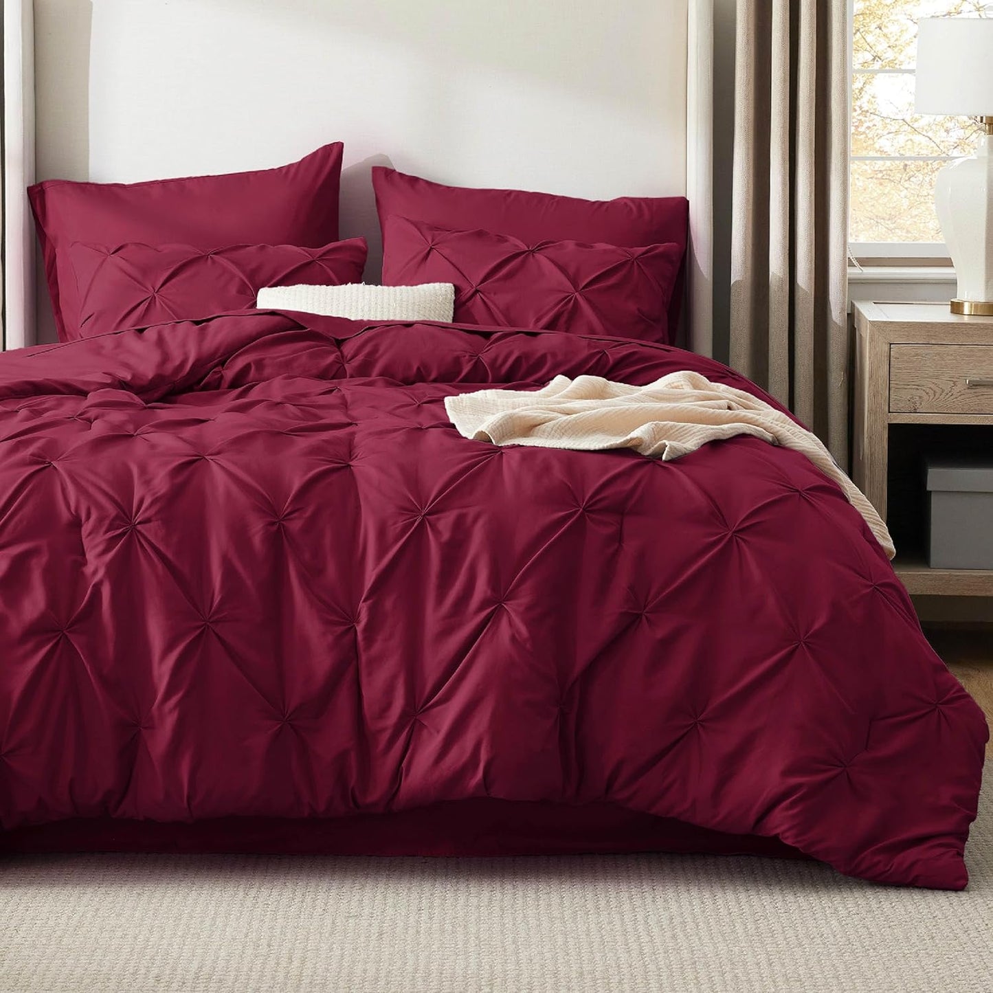 Bedsure Queen Comforter Set Dark Red - Bed in a Bag Queen Size Bedding 7 Pieces, GentleSoft™ Pintuck Bed Set Gift for Family, Pinch Pleat All Season Comforter with Sheets, Pillowcases & Shams