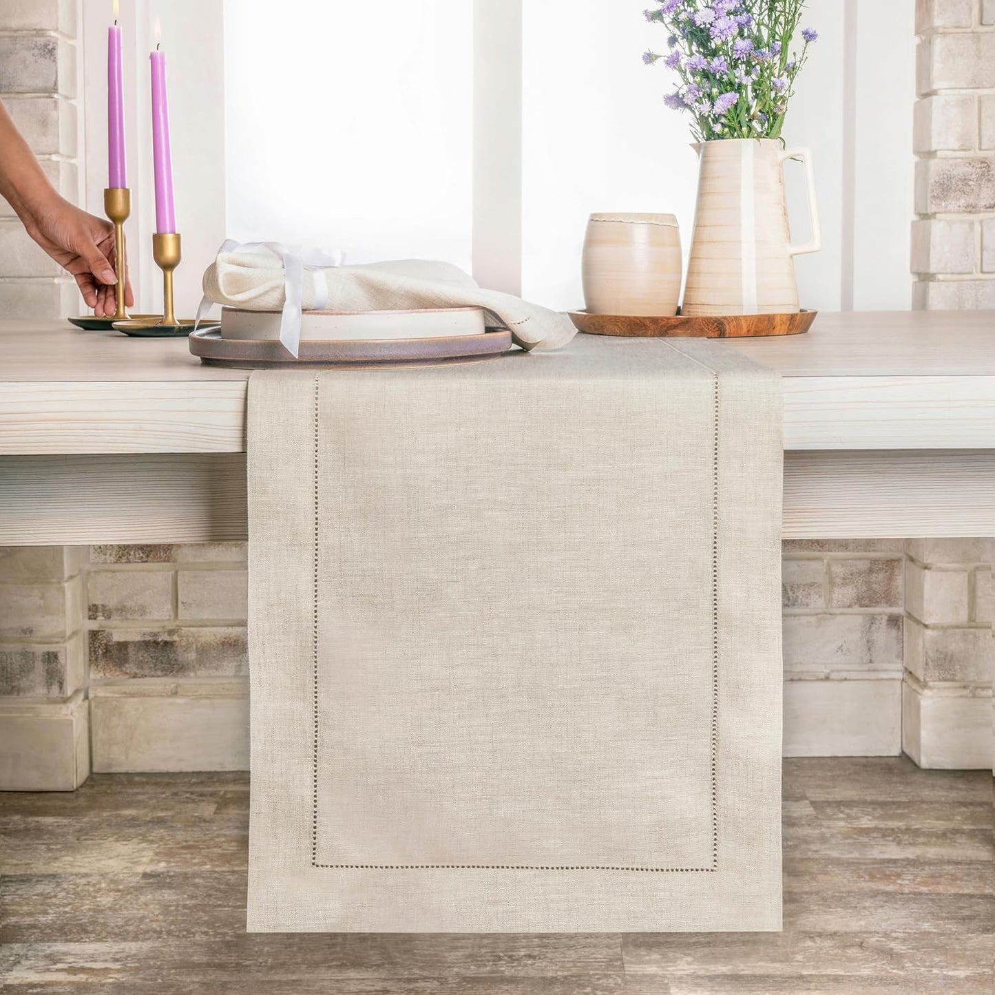 D'Moksha Homes Linen Red Table Runner 132 Inches Long - 100% Pure Linen Extra Long Table Runner 14 x 132 Inch for Fall, Thanksgiving, Christmas, Holiday - Classic Hemstitch