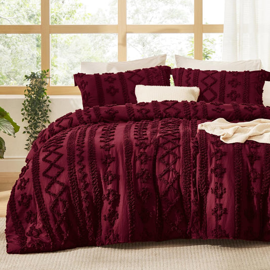 Bedsure Tufted Boho Comforter Set Queen Size - Dark Red Boho Bed Set, GentleSoft™ 3 Pieces Farmhouse Shabby Chic Embroidery Bedding, Gifts for Woman, Soft Jacquard Queen Comforter for All Seasons