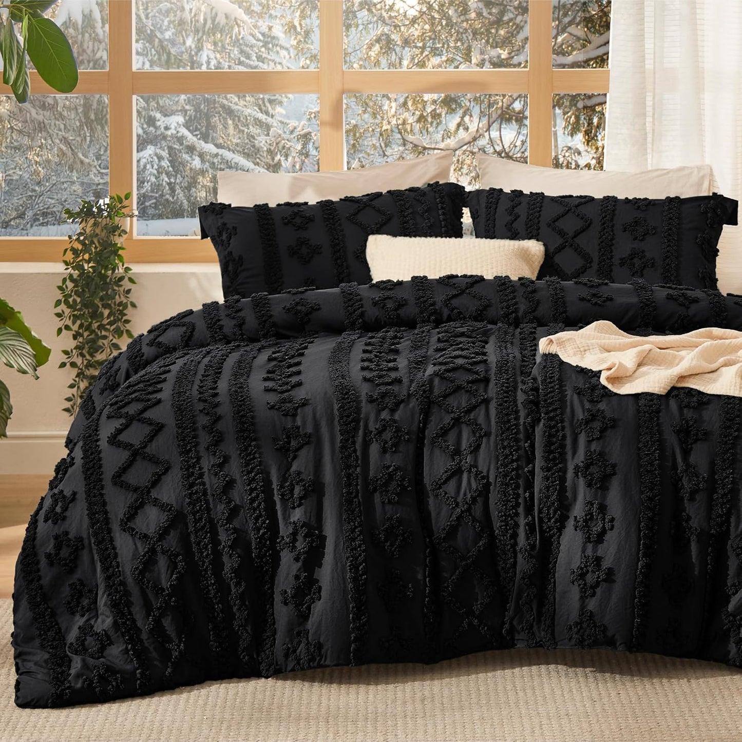 Bedsure Tufted Boho Comforter Set Queen Size - Dark Red Boho Bed Set, GentleSoft™ 3 Pieces Farmhouse Shabby Chic Embroidery Bedding, Gifts for Woman, Soft Jacquard Queen Comforter for All Seasons