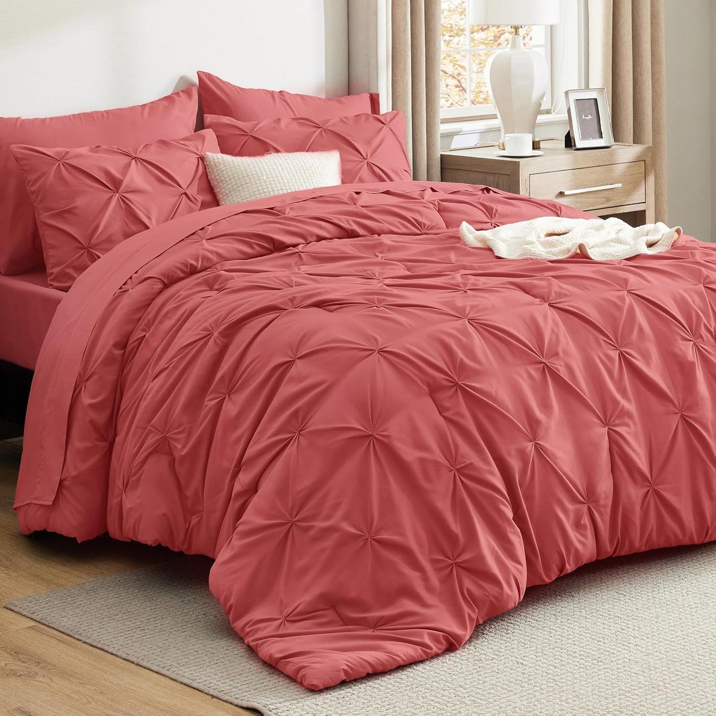 Bedsure Queen Comforter Set Dark Red - Bed in a Bag Queen Size Bedding 7 Pieces, GentleSoft™ Pintuck Bed Set Gift for Family, Pinch Pleat All Season Comforter with Sheets, Pillowcases & Shams