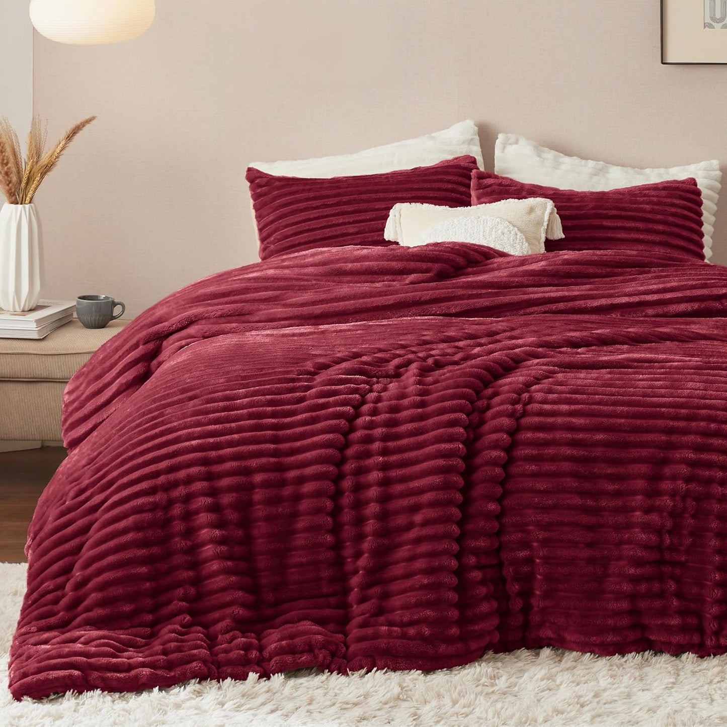 Bedsure Fluffy Comforter Set Queen - Super Soft Faux Fur Bed Set Dark Red, Warm Plush Fleece Winter Bedding, 3 Pieces, 1 Shaggy Fuzzy All Seasons Queen Size Comforter with 2 Pillowcases
